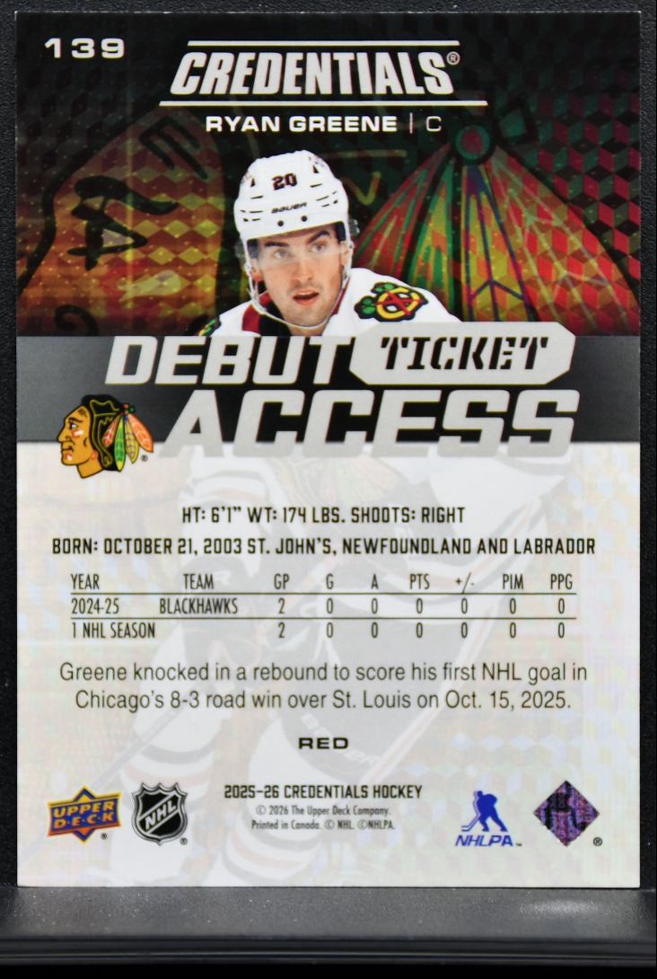 2025-26 UD Credentials Debut Ticket Access Red Ryan Greene RC 170/249 0146