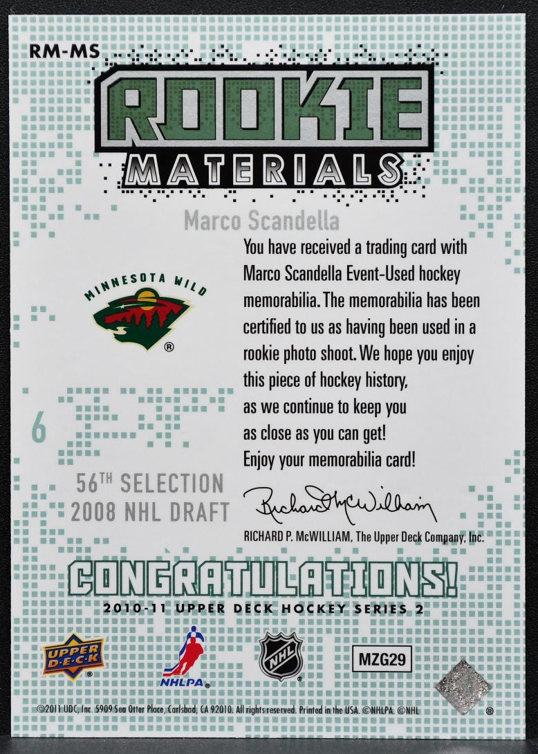 2010-11 UD Series 2 Rookie Materials Marco Scandella RM-MS Wild RC Jersey 5296