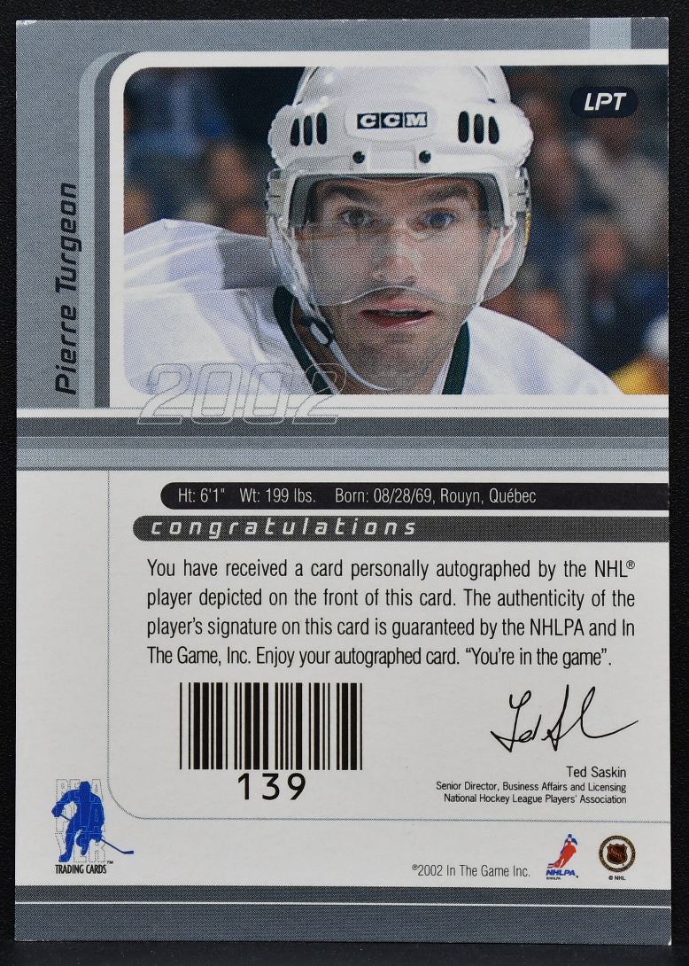 2001-02 In The Game Signature Series Pierre Turgeon LPT Dallas Stars Auto 2445