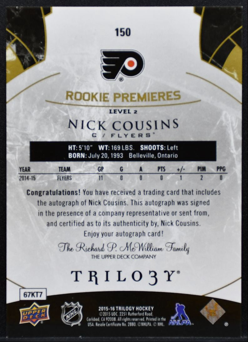 2015-16 UD Trilogy Rookie Premieres Lvl 2 Nick Cousins RC Auto 475/499 9274