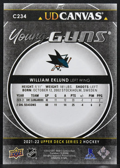 2021-22 Upper Deck Series 2 UD Canvas Young Guns Black William Eklund RC 7756