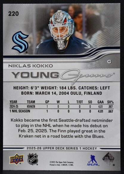 2025-26 Upper Deck Series 1 Young Guns Niklas Kokko 220 Seattle Kraken RC 5470