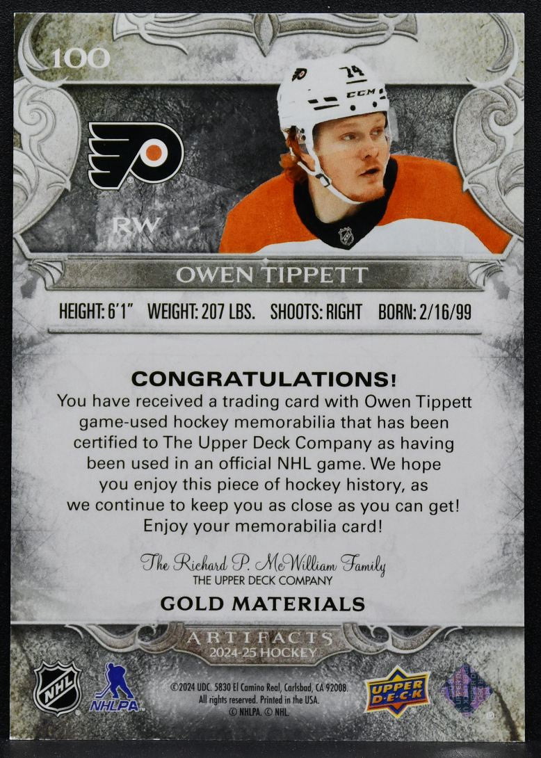24-25 UD Artifacts Gold Materials Owen Tippett 100 Flyers 157/299 Jersey 9591
