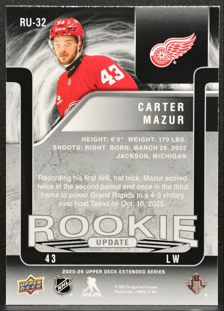 2025-26 UD Extended Series Rookie Update Carter Mazur RC 0494/1999 3017