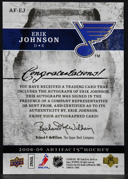 2008-09 UD Artifacts Auto-Facts Erik Johnson AF-EJ St. Louis Blues Auto
