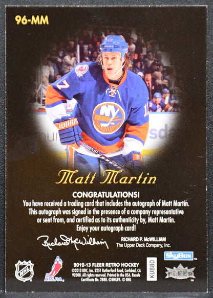 2012-13 Fleer Skybox Autograohics Matt Martin 96-MM New York Islanders Auto 3498