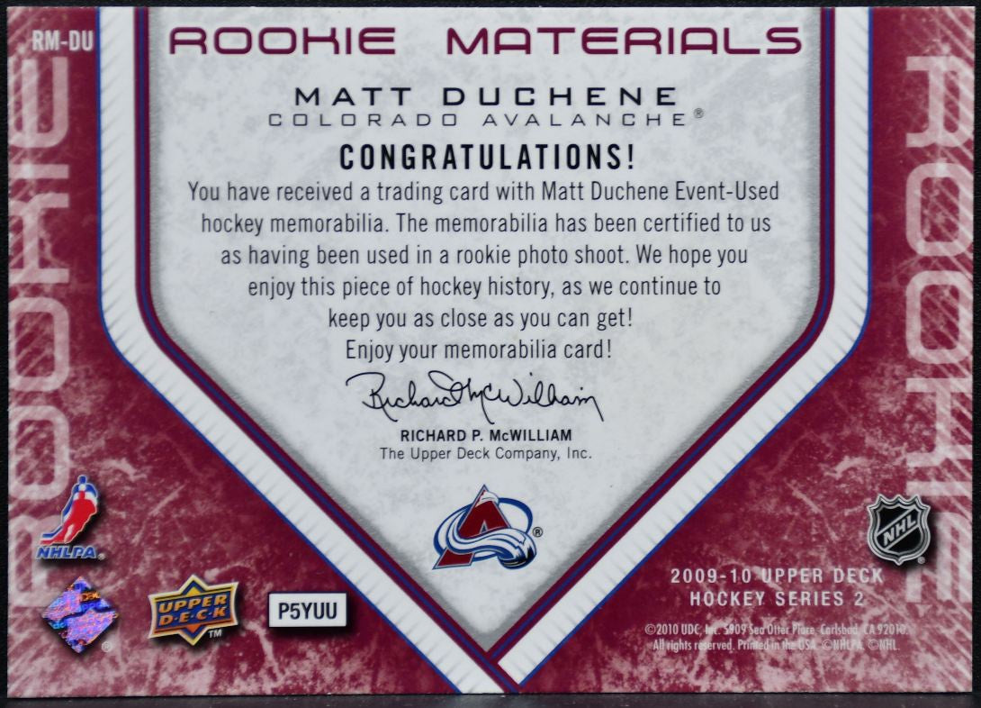 2009-10 UD Series 2 Rookie Materials Matt Duchene Avalanche RC Jersey 1112