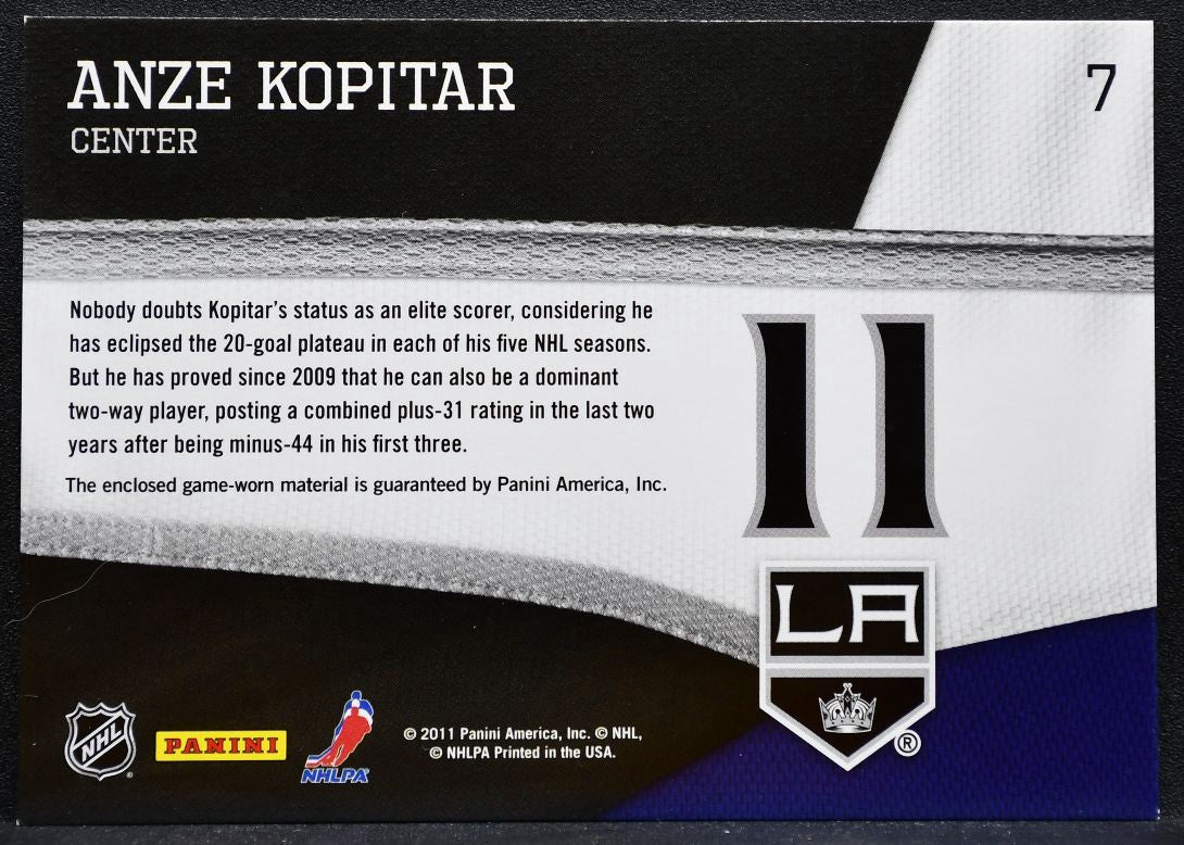 2011-12 Panini Pinnacle Threads Anze Kopitar 7 Los Angeles Kings Jersey 5673