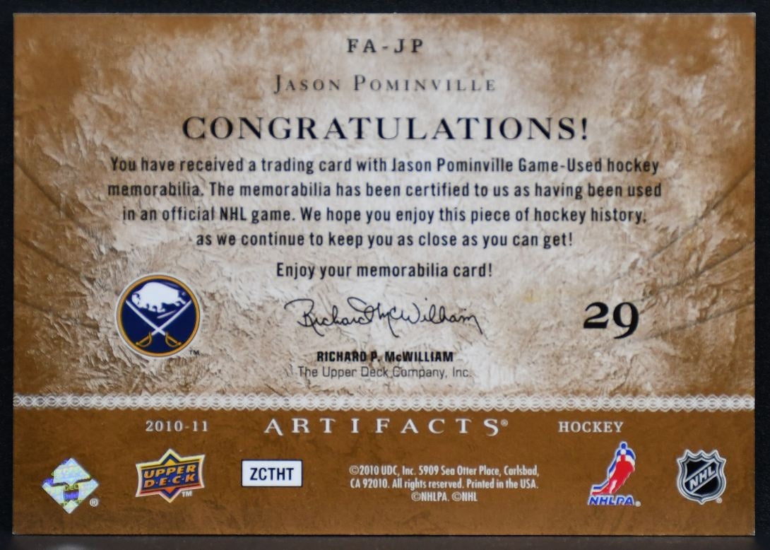 2010-11 UD Artifacts Frozen Jason Pominville FA-JP Sabres 087/150 Jersey 3367