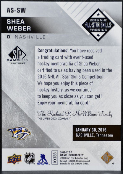 2016-17 SP Game Used 2016 NHL All-Star Skills Fabrics Weber Jersey 9799