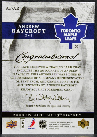 2008-09 Upper Deck Artifacts Auto-Facts Andrew Raycroft Maple Leafs Auto 1795