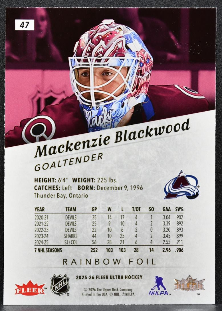 2025-26 Fleer Ultra Rainbow Foil Mackenzie Blackwood 47 Colorado Avalanche 5541