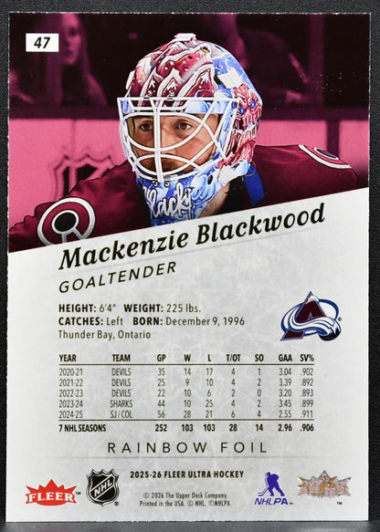 2025-26 Fleer Ultra Rainbow Foil Mackenzie Blackwood 47 Colorado Avalanche 5541