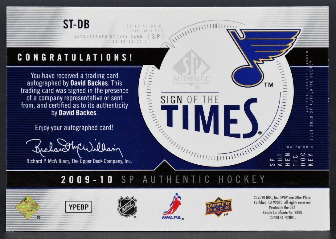 2009-10 SP Authentic Sign of the Times David Backes ST-DB St. Louis Blues Auto