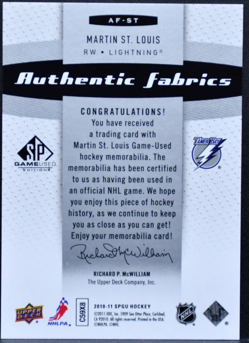2010-11 SP Game Used Authentic Fabrics Martin St. Louis Lightning Jersey 0888