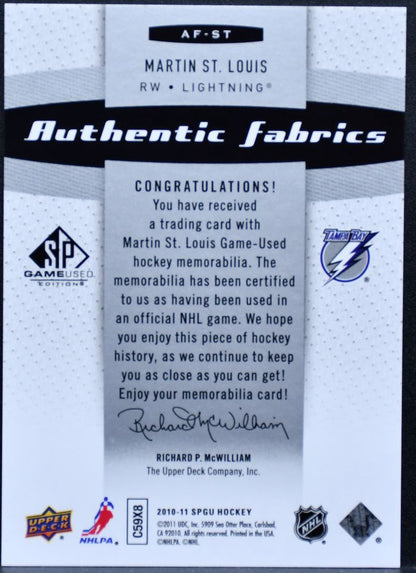 2010-11 SP Game Used Authentic Fabrics Martin St. Louis Lightning Jersey 0888