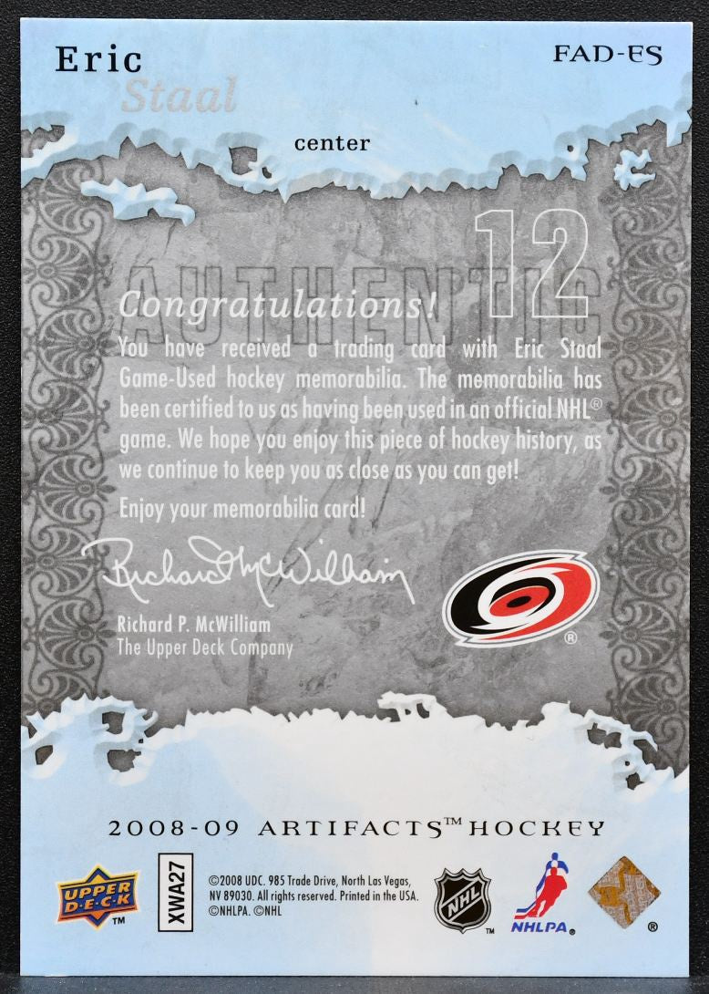 2008-09 UD Artifacts Frozen Dual Silver Eric Staal 005/100 Jersey 1052