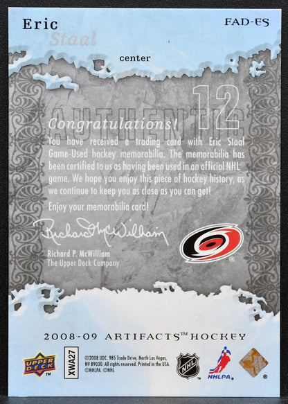 2008-09 UD Artifacts Frozen Dual Silver Eric Staal 005/100 Jersey 1052