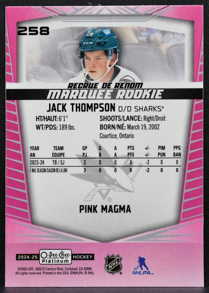 2024-25 OPC Platinum Marquee Rookie Pink Magma Jack Thompson Sharks RC 0771