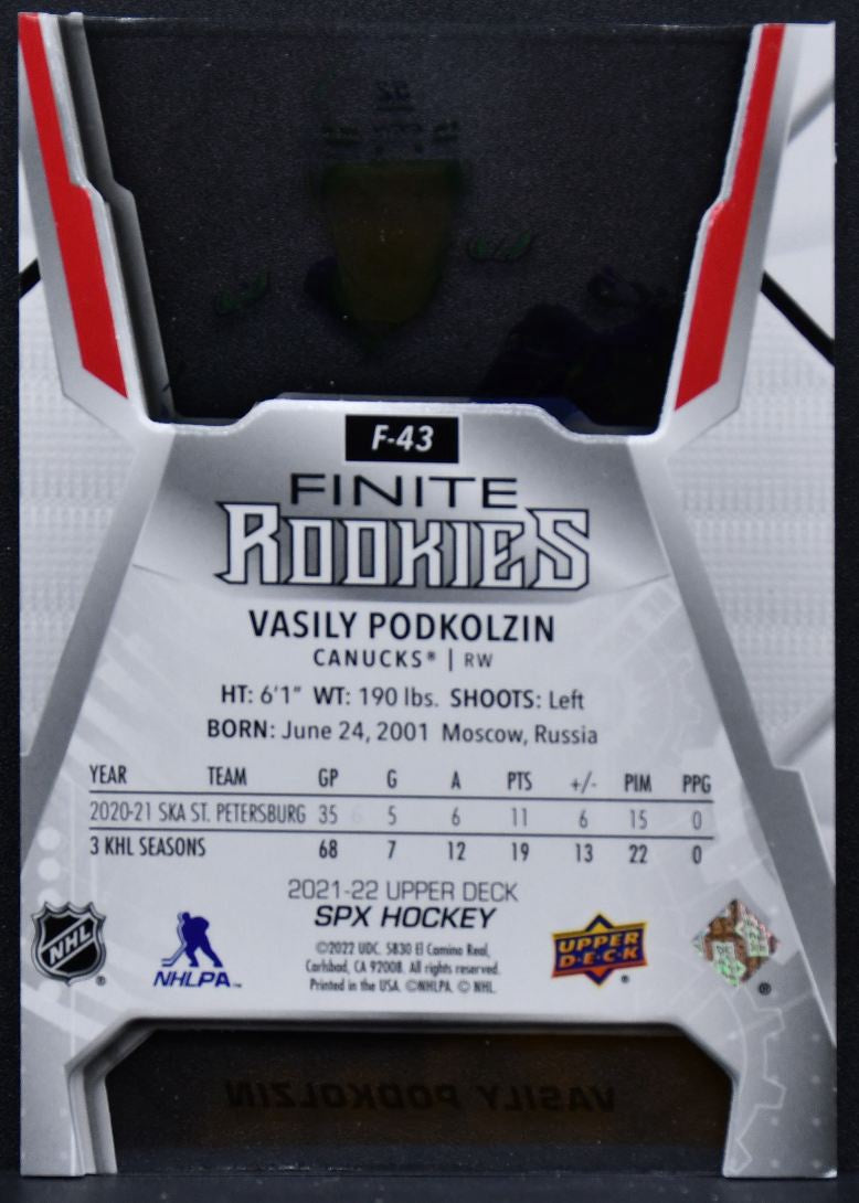 2021-22 SPx Finite RC Gold Vasily Podkolzin F-43 Vancouver Canucks RC 267/299 8670