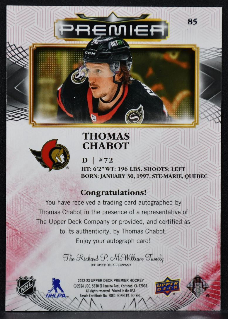 2022-23 UD Premier Auto Thomas Chabot 85 Ottawa Senators Auto