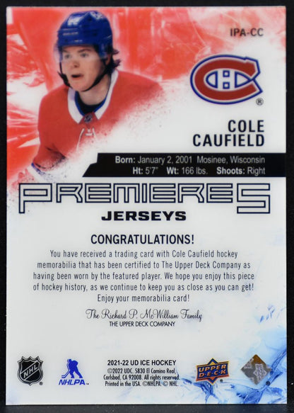 2021-22 UD Ice Premieres Jerseys Cole Caufield IPA-CC Canadiens RC Jersey 3763
