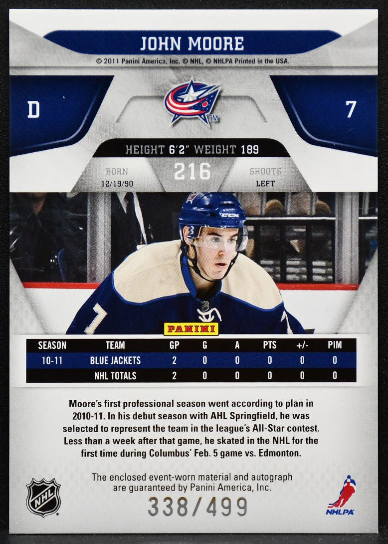 2011-12 Panini Certified  Moore 216 Blue Jackets RC Auto 338/499 Jersey 6504