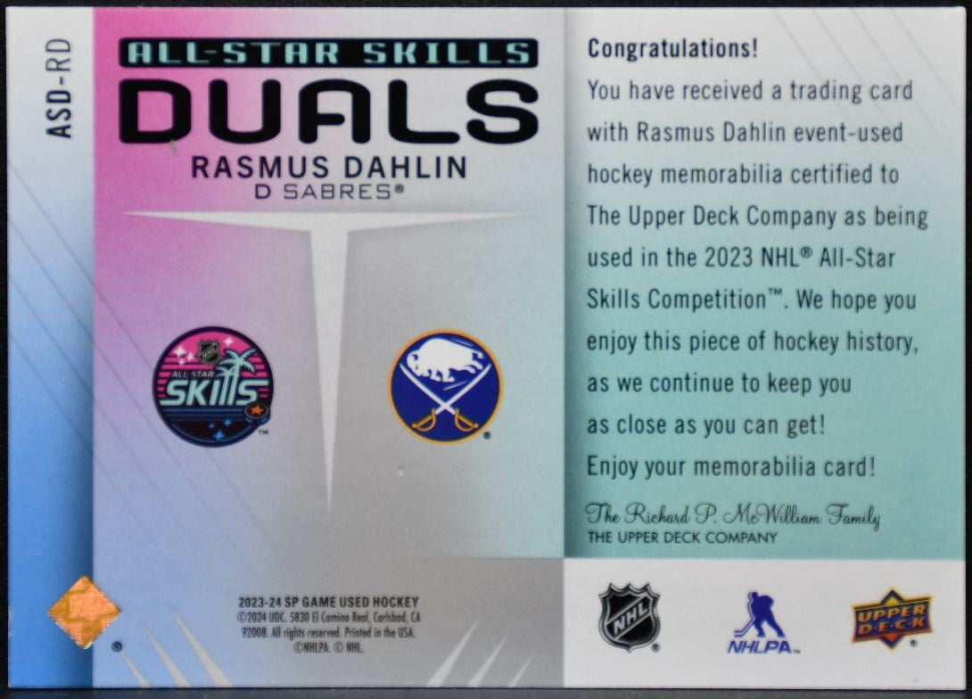 2023-24 SP Game Used 2023 All-Star Skills Dual Jersey Dahlin Sabres Jersey 4846