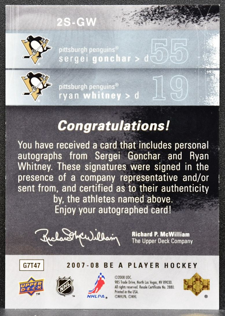 2007-08 UD Be a Player Signatures Double Sergei Gonchar/Ryan Whitney Auto 7224