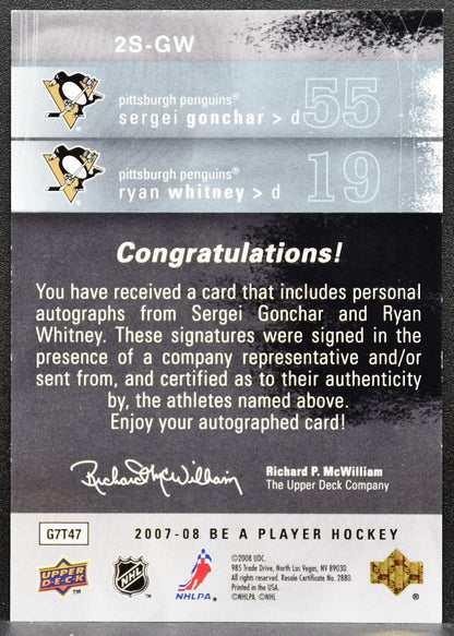 2007-08 UD Be a Player Signatures Double Sergei Gonchar/Ryan Whitney Auto 7224