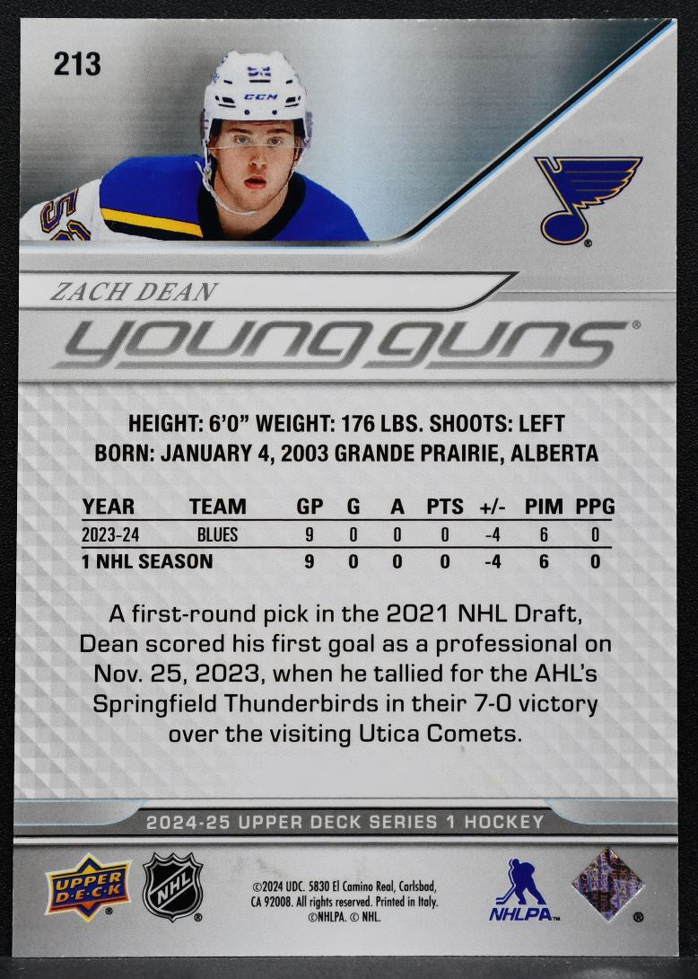 2024-25 UD Series 1 Deluxe Young Guns Zach Dean 213 Blues RC 127/250 5692