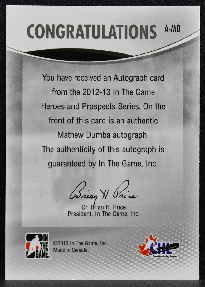 2013-14 In The Game Heroes and Prospects Autographs Mathew Dumba A-MD Auto 9712