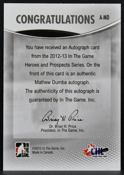 2013-14 In The Game Heroes and Prospects Autographs Mathew Dumba A-MD Auto 9712