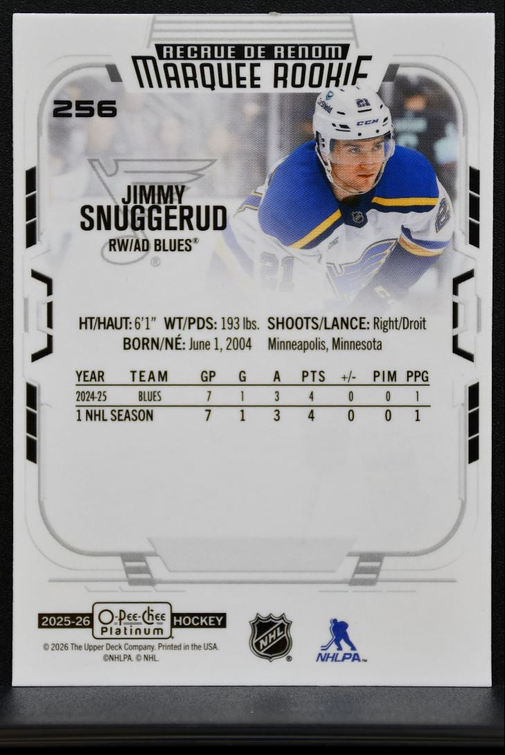2025-26 O Pee Chee Platinum Marquee Rookie Jimmy Snuggerud 256 Blues RC 7795