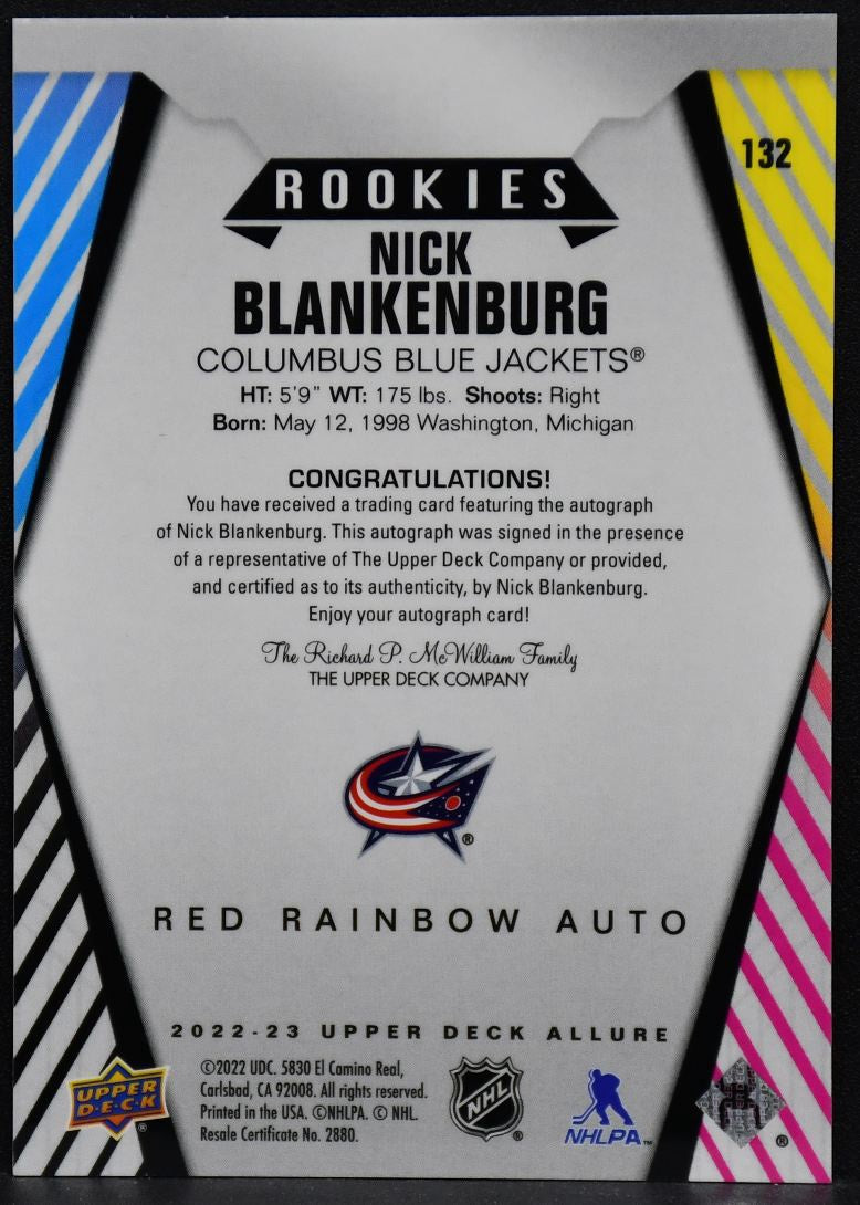2022-23 UD Allure Red Rainbow Auto Nick Blankenburg 132 Blue Jackets RC Auto