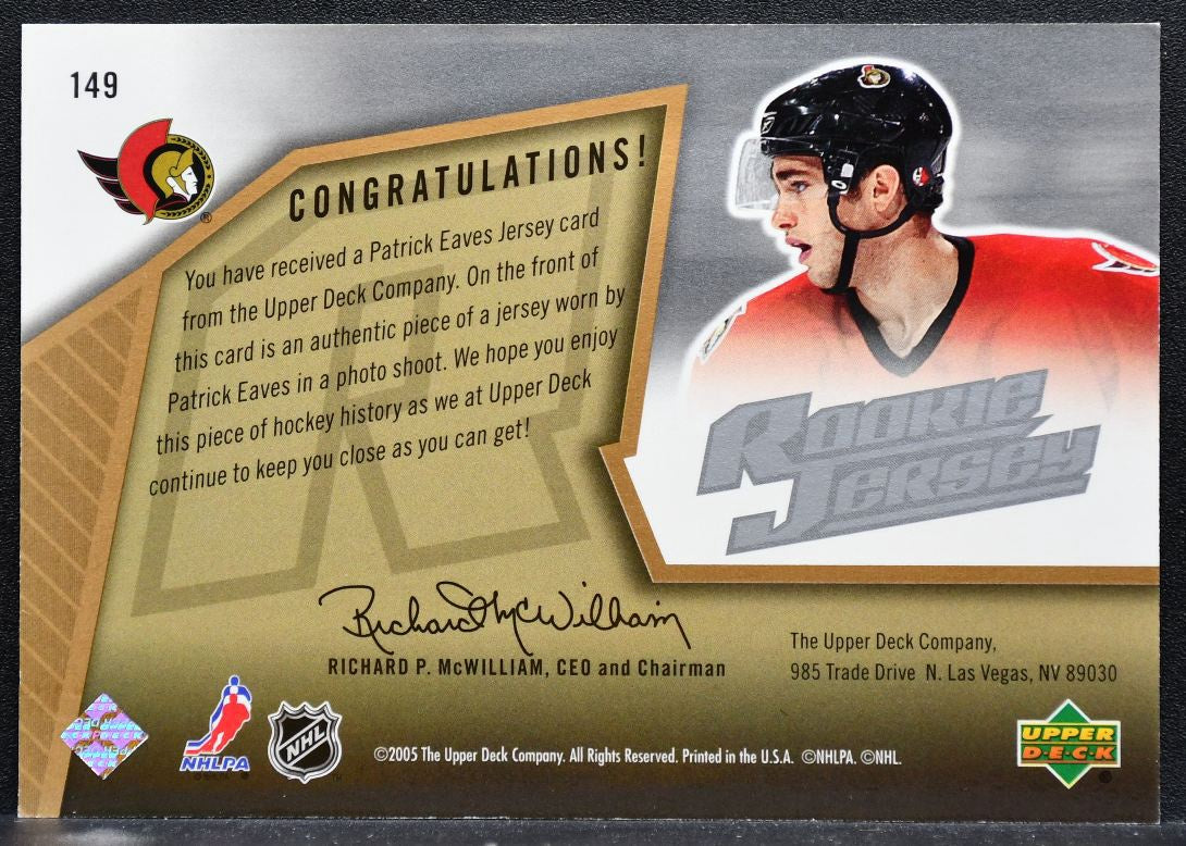 2005-06 SPx Rookie Jersey Patrick Eaves Ottawa Senators RC 1392/1999 Jersey 6052