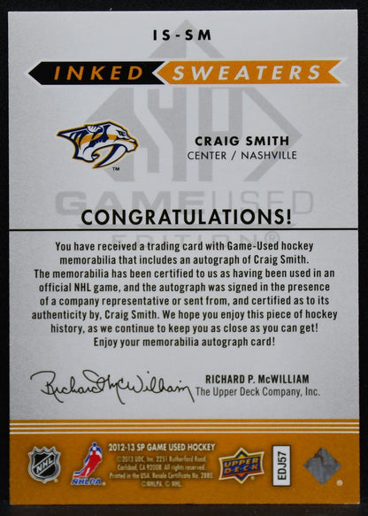 2012-13 SP Game Used Inked Sweaters Smith IS-SM Predators Auto 63/99 Jersey 6566