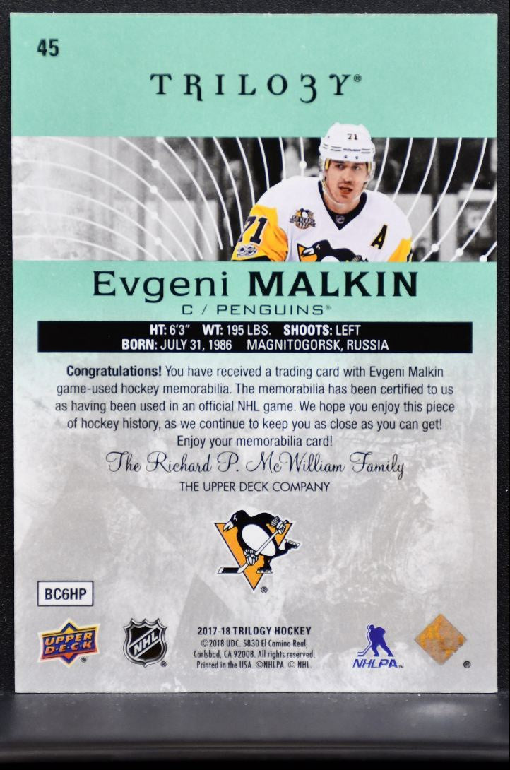 2017-18 UD Trilogy Relics Jersey Green Foil Malkin Penguins 162/321 Jersey 6804