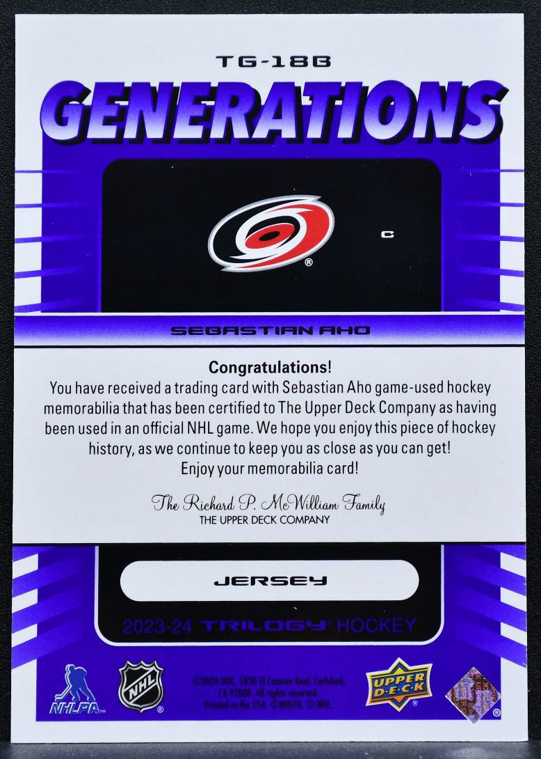 2023-24 UD Trilogy Generations Jersey Sebastian Aho Hurricanes 30/99 Jersey 6427