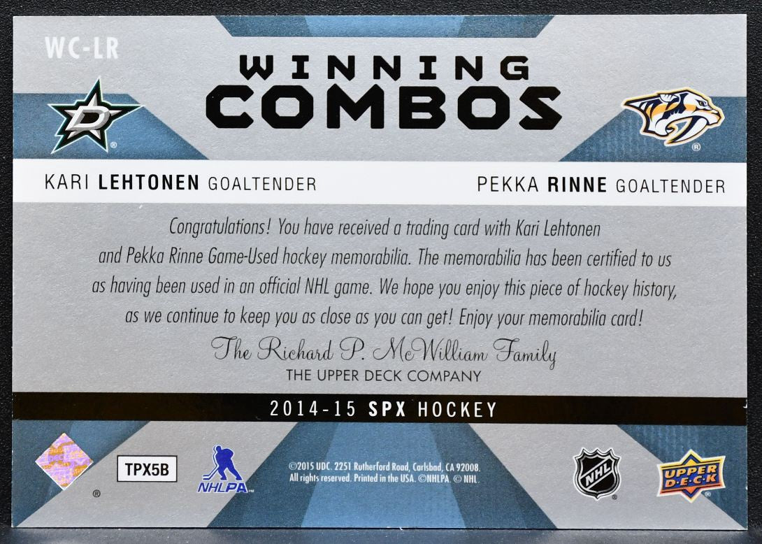 2014-15 SPx Winning Combos Kari Lehtonen/Pekka Rinne Stars/Predators Jersey 1410
