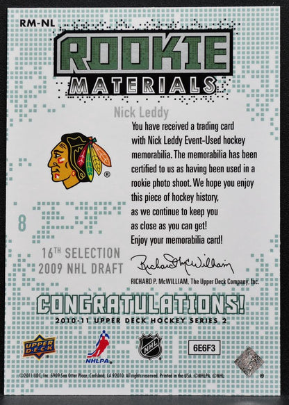 2010-11 UD Series 2 Rookie Materials Nick Leddy RM-NL Blackhawks RC Jersey 5258