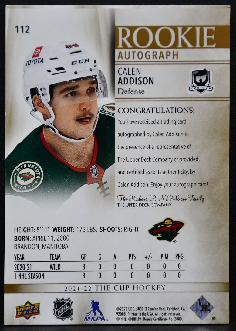 2021-22 UD The Cup Rookie Auto Gold Spectrum Foil Calen Addison RC Auto 0800