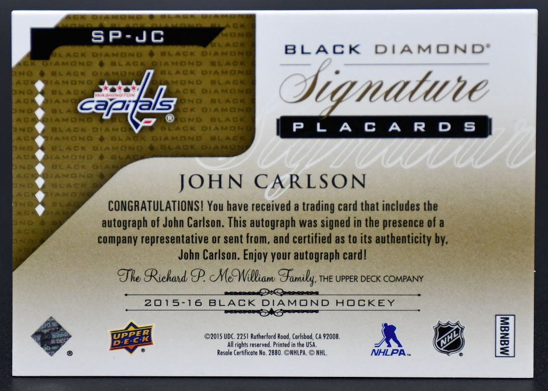 2015-16 UD Black Diamond Signature Placards John Carlson SP-JC Auto