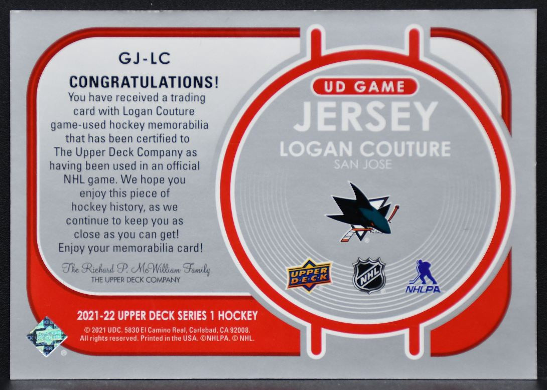 2021-22 UD Series 1 UD Game Jersey Logan Couture GJ-LC San Jose Sharks Jersey 2845