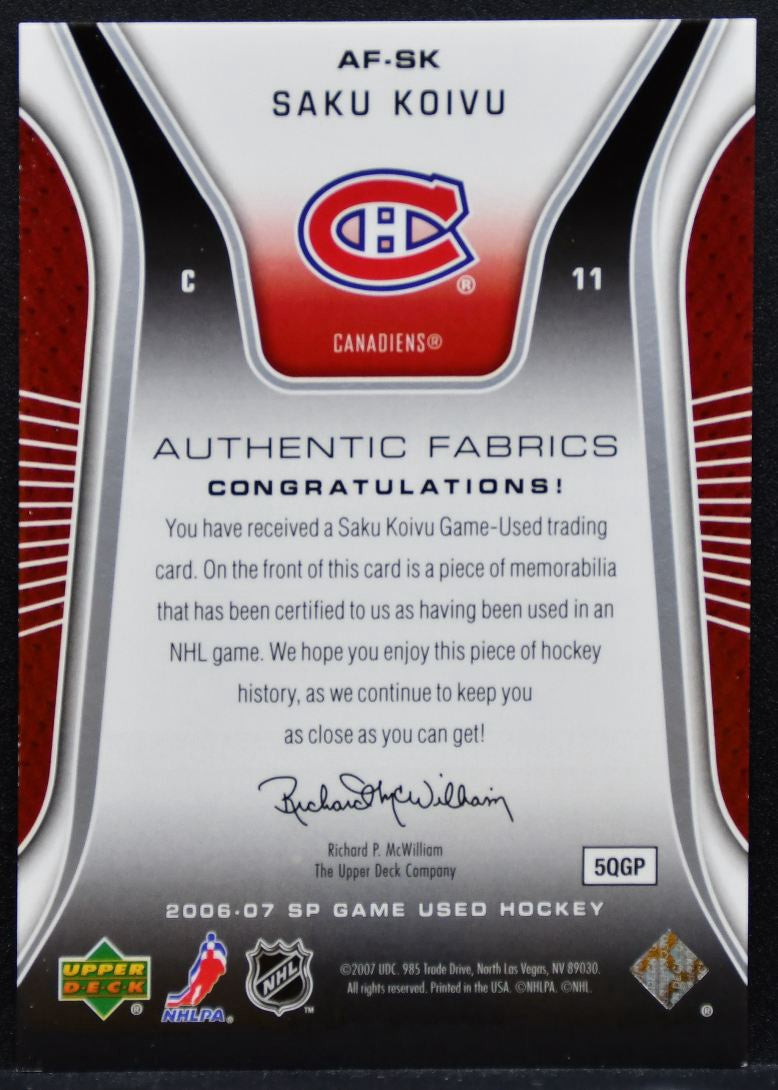 2006-07 SP Game Used Authentic Fabrics Saku Koivu AF-SK Canadiens Jersey 8796