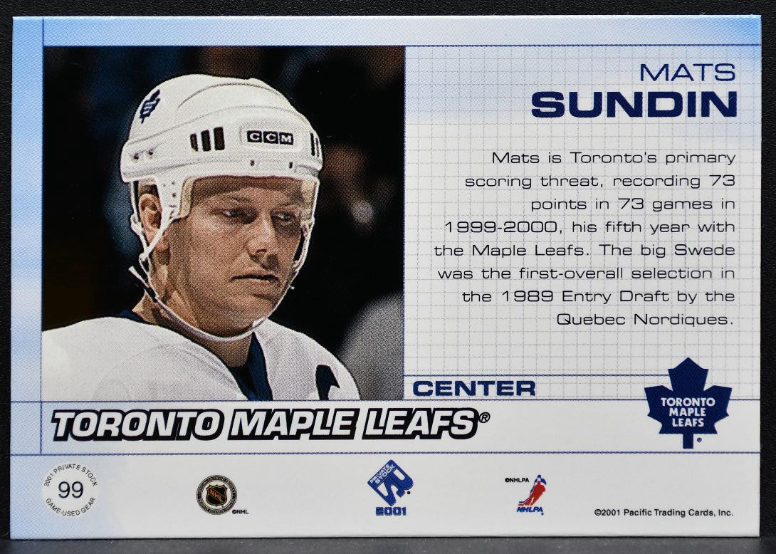 2001-02 Pacific Private Stock Jersey Mats Sundin Toronto Maple Leafs Jersey 8490