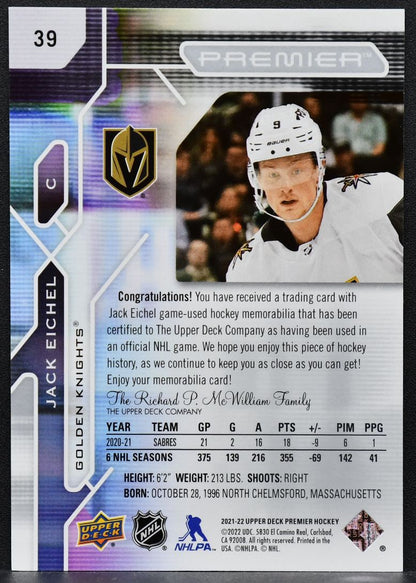 2021-22 Upper Deck Premier Jersey Jack Eichel 39 Vegas Golden Knights Jersey 7239