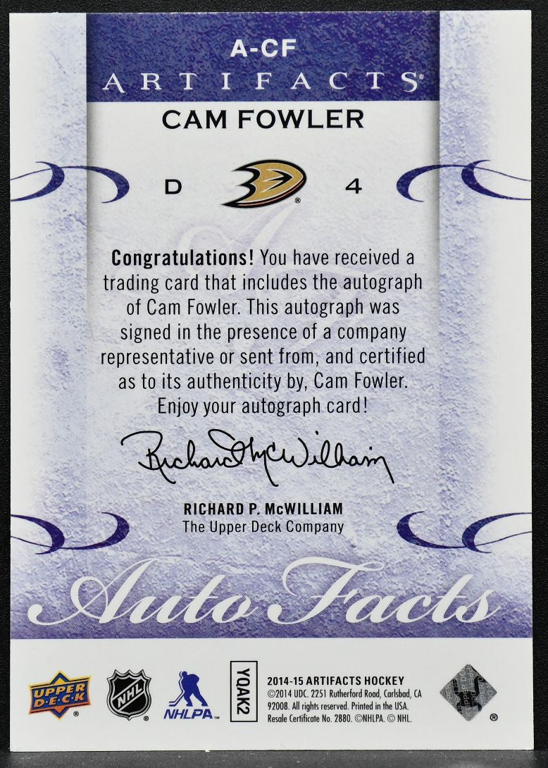 2014-15 Upper Deck Artifacts Autofacts Cam Fowler A-CF Anaheim Ducks Auto 2705
