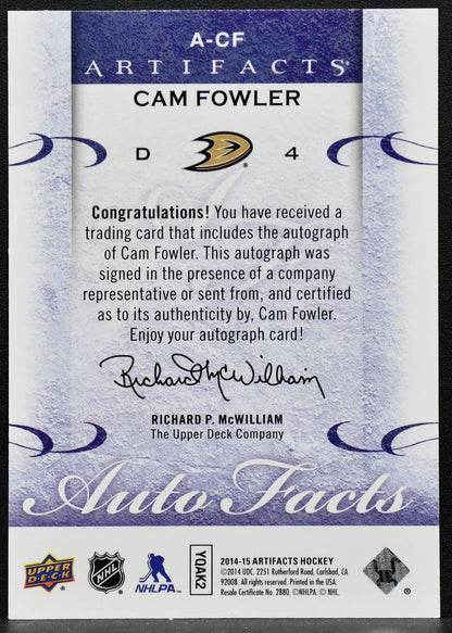 2014-15 Upper Deck Artifacts Autofacts Cam Fowler A-CF Anaheim Ducks Auto 2705