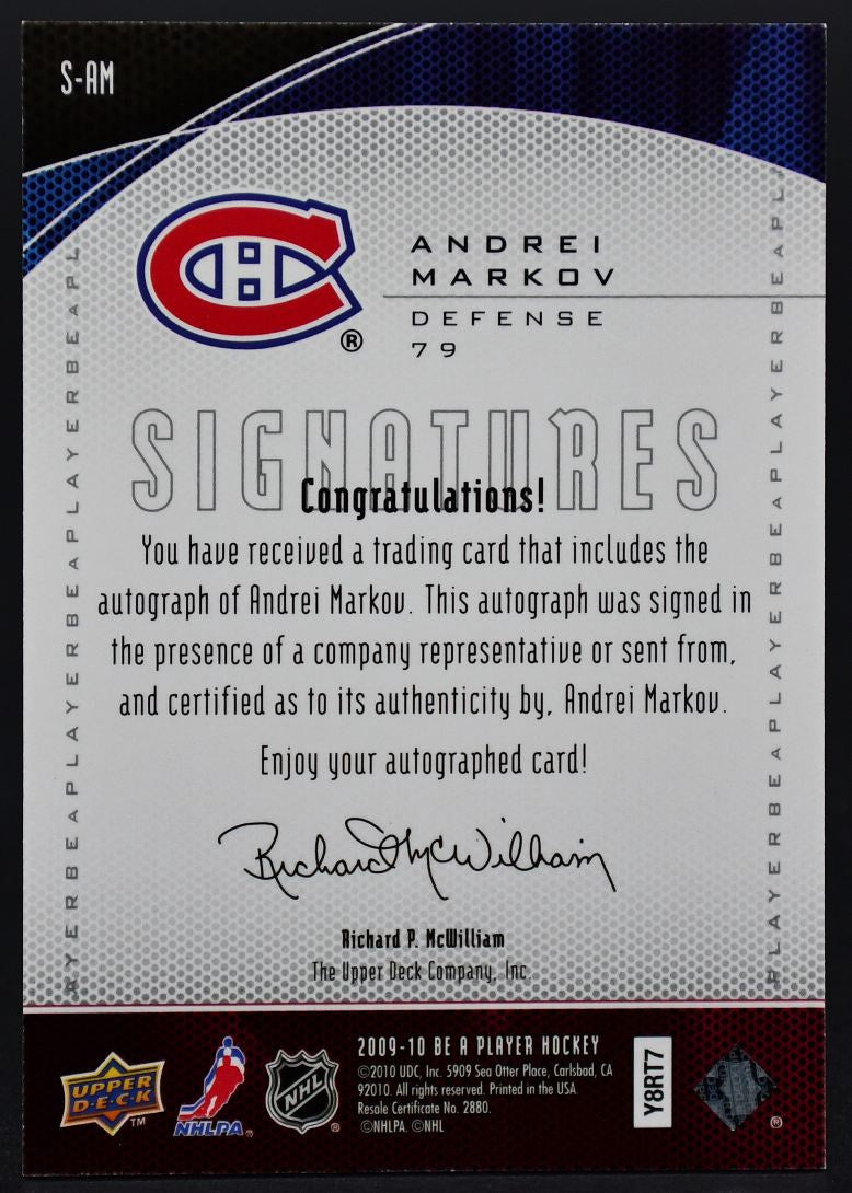 Carte autographiée Andrei Markov S-AM des Canadiens de Montréal, collection « Be A Player » 2009-10 UD